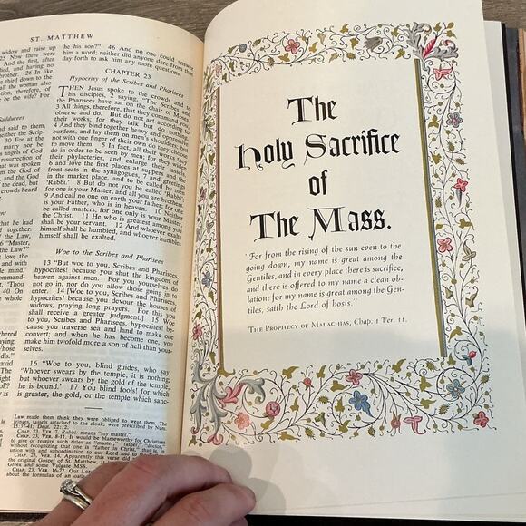 Holy Bible Catholic Action Addition Goodwill Brown Gold MCM 1953 50s Illustrated - Picture 14 of 16